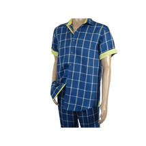 Men INSERCH premium Soft Cool Linen  2pc Walking Leisure suit 7098 Blue Plaid image 3