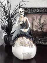 Halloween Girl Skeleton on Top of Pumpkin Black Dress Figurine Prop Statue  12&quot; - £31.64 GBP