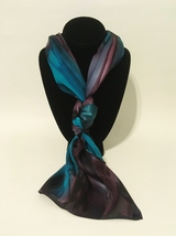 Hand Painted Silk Scarf Plum Steel Grey Teal Unique Womens Head Neck Wrap New - £44.75 GBP