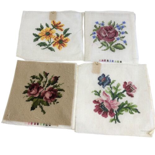 4 Cross Stitch Color Printed Patterns Floral 1 Finished 8x8 Squares Roses READ - $15.83