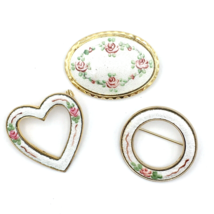 GUILLOCHE  enamel brooch lot of 3 - gold-tone metal white with pink rose flowers - £27.82 GBP