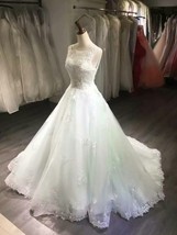 White Backless Wedding dress Scoop Neck Lace Appliques A-line Bridal dre... - $210.00