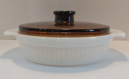 Vtg Anchor Hocking Fire King 1 Qt White Ribbed Baking Dish 1429 W/Brown Lid - £18.25 GBP