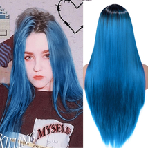 Lake Blue Long Straight Synthetic Wig Ombre Hair For Women Middle Part H... - £39.11 GBP