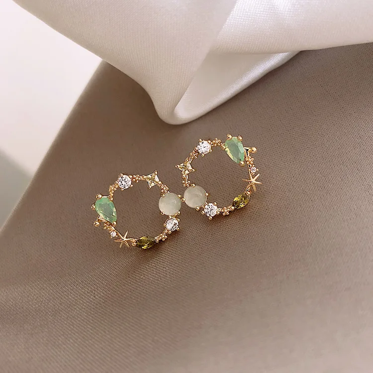 New Arrival Classic Round Pink Green Crystal Stud Earrings for women Sweet Flowe - £11.25 GBP