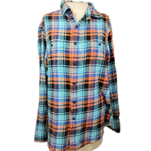 Blue and Orange Plaid Button Up Flannel Shirt Size Medium - £19.49 GBP