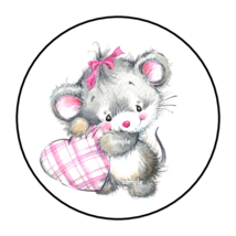 CUTE MOUSE WITH PLAID HEART ENVELOPE SEALS STICKERS LABELS TAGS 1.5&quot; ROU... - £5.89 GBP