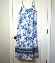J Jill Porcelain Floral Maxi Dress Sundress M Blue White Lined Cotton Po... - $43.65