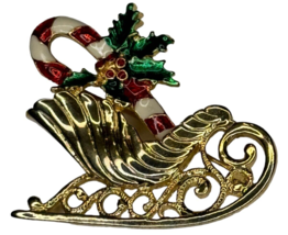 Christmas Candy Cane Pin Brooch Santa Sleigh Gold-Tone Holiday Jewelry 2 Inches - £9.40 GBP