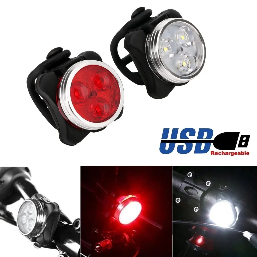 Bicycle Cycling Bike Head Front Rear Tail 3 Led Light Usb Rechargeable 4 Mode - £8.08 GBP