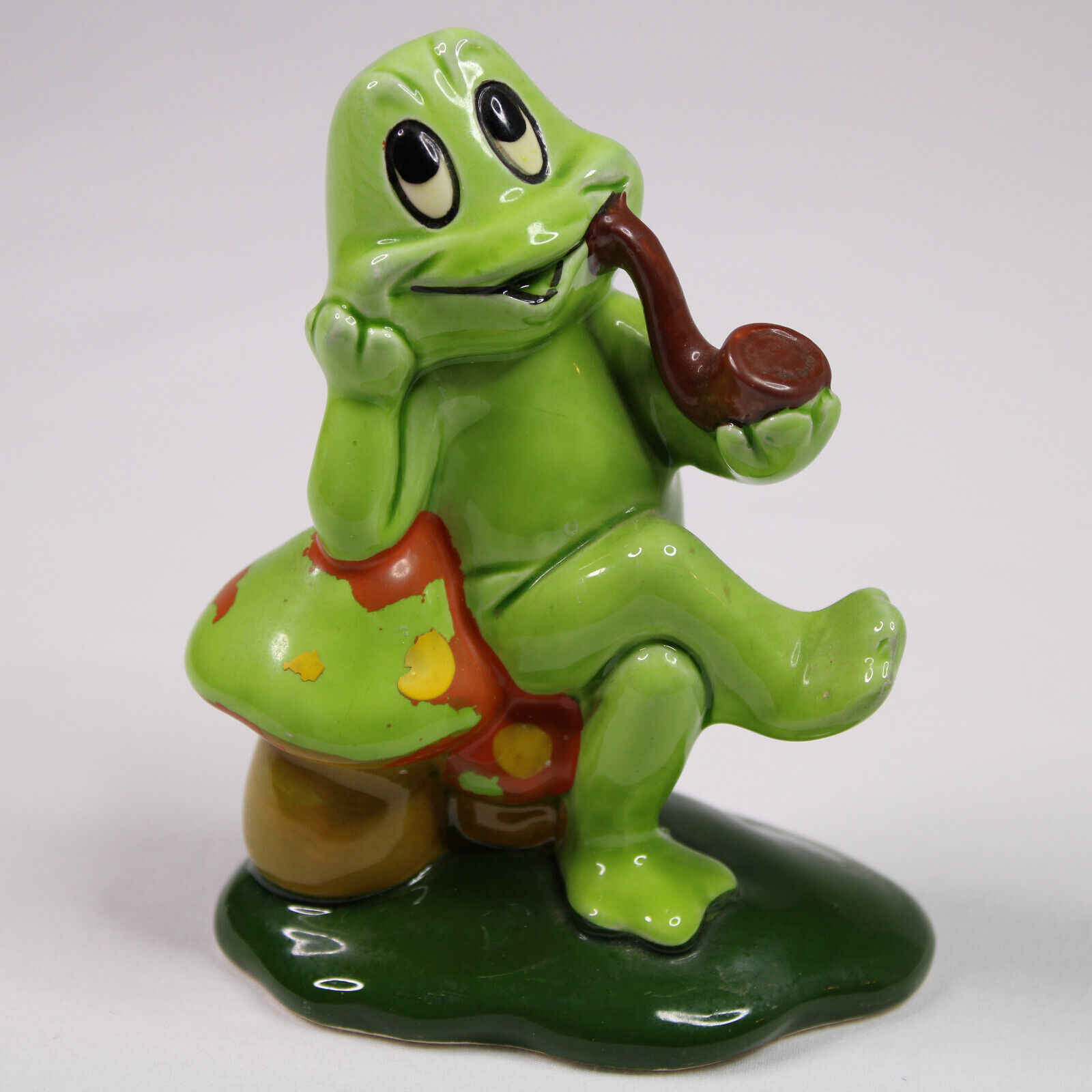 Vintage Lefton #H371 Ceramic Frog Sitting On Mushroom And Smoking Pipe Figurine  - $21.15