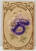 Best Wishes Greeting Heavily Embossed Airbrushed Purple Flowers Postcard B17 - £3.13 GBP