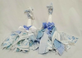 Pair Shabby Chic Blue White Fabric Lace Strips Tassel Bow Ornament Handmade 9&quot; - £21.10 GBP
