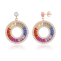 Sterling Silver Rainbow Baguette CZ Open Circle Earrings - Rose Gold Plated - £108.59 GBP