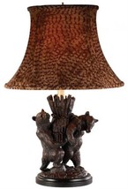 Sculpture Table Lamp Helping Bears Hand Painted OK Casting Feather Shade - £731.08 GBP