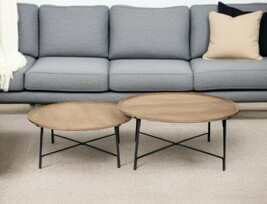 Set of Two Brown and Black Solid Wood and Iron Round Nested Coffee Tables - $1,343.74
