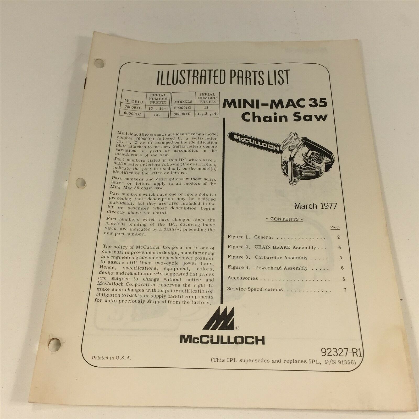 Primary image for 1977 McCulloch Mini-Mac 35 Chain Saw Illustrated Parts List 92327-R1