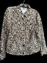 Chicos Leopard DenimJacket Size 1 US 8 -10 Mountain  Lynx Pockets Fitted Stretch - $28.71