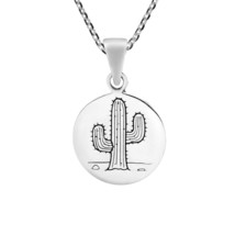 Fun and Stylish Desert Cactus Round Disc Sterling Silver Pendant Necklace - £14.52 GBP