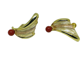 Vintage Japanese Screwback Goldtone Fan Enameled Earrings with Coral Stones - £18.97 GBP