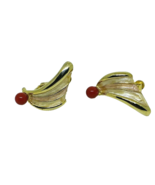 Vintage Japanese Screwback Goldtone Fan Enameled Earrings with Coral Stones - £18.75 GBP