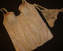 Victoria&#39;s Secret 34B CORSET bustier O/S thong PINK Gold foil lace DREAM... - $99.99