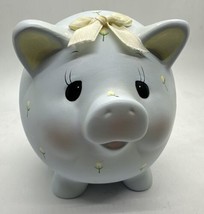 Vintage Enesco Piggy Pig Bank 1985 Blue Ceramic Bank Yellow Flower &amp; Bow... - $17.81