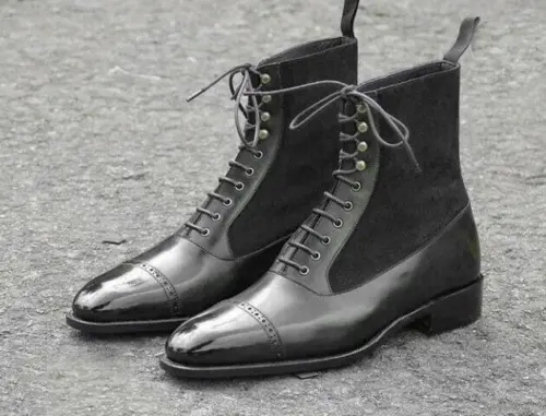 Handmade Men&#39;s Black Leather &amp; Sued Balmoral Lace Up Leather Ankle High Boots - £141.05 GBP
