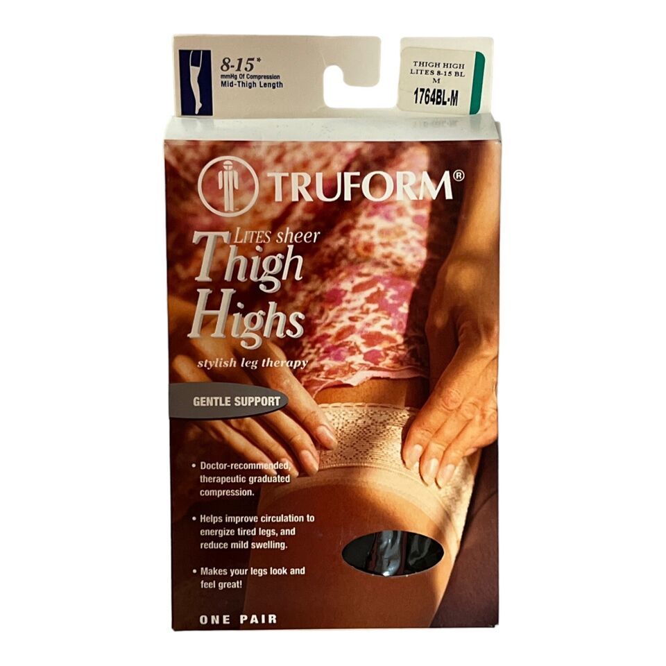 Truform Womens M Black Stockings Thigh High Sheer 8-15 mmHg  1774BL-M Lites - $18.55