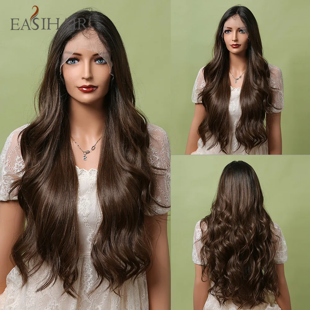 EASIHAIR Ombre Black Dark Brown Lace Front Wigs Middle Part Glueless Long Bo - £56.23 GBP+