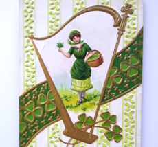 St Patricks Day Postcard Women Inside Gold Harp Clovers Nash Embossed Vintage - £8.59 GBP