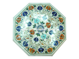 12&quot; Marble White Coffee Table Inlay Lapis Hakik Floral Mosaic Inlaid Decor H3069 - £267.21 GBP