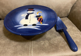 Snowman hand painted pedestal cake plate with server by Tabletops Unlimited - $19.75