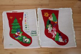 Set 2 Vtg Christmas Red Wool Needlepoint Stockings Handmade Snowman Tree - £106.30 GBP
