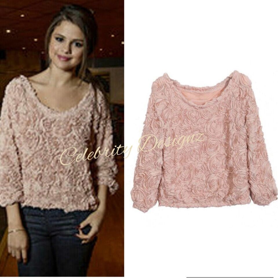 Women's Celeb Style Selena Flower Rose Motif Pullover Jumper Top White AUS STOCK