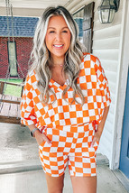 Orange Checkerboard Print V Neck Loose Tee and Shorts Lounge Set - $388.18 MXN