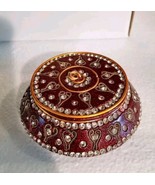 VTG BURGUNDY MOSAIC JEWELED TRINKET ROUND Ceramic Box Glittery Shiny Gem... - $15.51