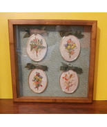 Four Oval Crewel Pieces Framed in a Wooden Shadow Box 13&quot; square - £19.37 GBP