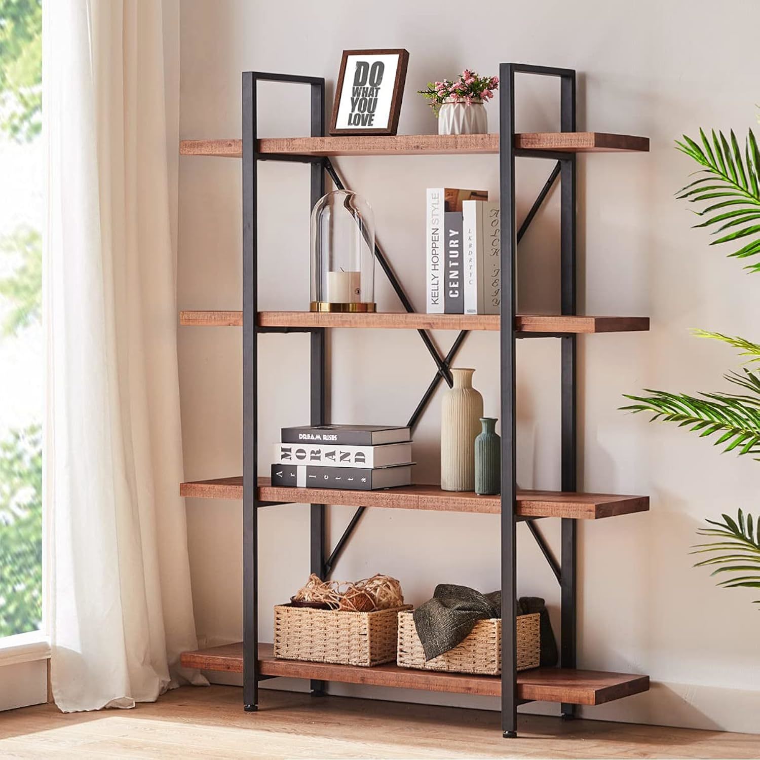 4 Tier Natural Real Wood Bookshelf, 4 Shelf Rustic Solid Wooden And Metal Bookca
