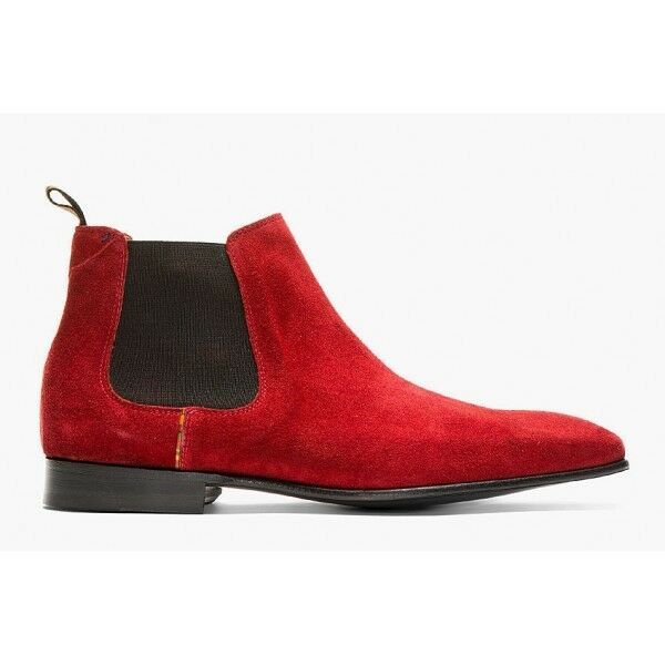 Men's Red Color Chelsea Jumper Slip On Suede Genuine Leather Ankle Boots US 7-16