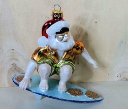 Surfing Santa Hand Painted Glass Christmas Ornament 4.5 x 5 Inch - £19.40 GBP