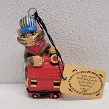 Vintage 1978 Charlee McGee Art Christmas Ornament Cat With Train - Original Tag - £15.50 GBP