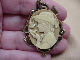 (CM11-4) GIRL in sun Hat bird ivory + tan oval CAMEO jewelry Pin Pendant JEWELRY - £25.92 GBP