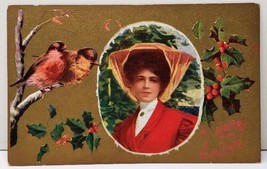 Christmas Pretty Lady, Birds Hollyberry on Embossed Golden 1909 Postcard E11 - £4.58 GBP