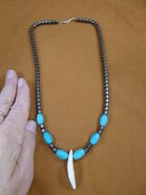 W30-11) 1-1/2&quot; real COYOTE wild dog T**th hematite + turquoise bead 20&quot; ... - $38.99
