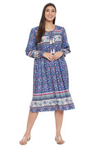 Floral Printed Blue Poly Cotton Empire Dress for Women - £24.50 GBP