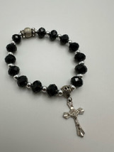 Religious Cross Black Bead Stretch Bracelet 7.5 inches - £11.87 GBP