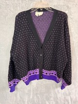 Vintage Moda International M LambWool purple black heart Cardigan Sweate... - $29.99