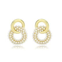 Double Link Cluster Pearl Circle Stud Flash Gold Plated Earring Wedding Jewelry - £48.41 GBP