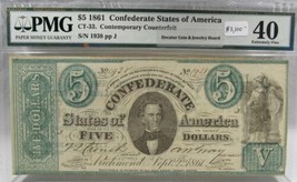 1861 $5 CT-33 Confederate Civil War Minerva Counterfeit Banknote w Ad PC... - $2,522.20